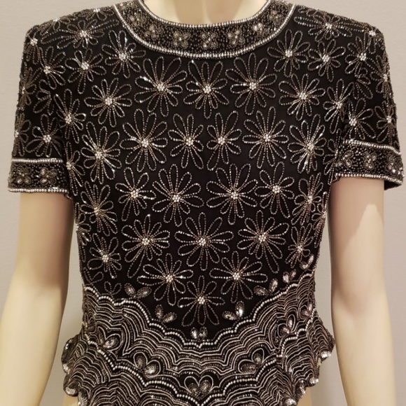 FINAL SALE black beaded silk top Adrianna Papell 1980s L - Picture 2 of 8